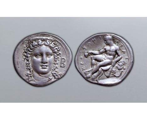 Bruttium, Kroton AR Stater. Circa 400-325 BC. Head of Hera Lakinia facing slightly right, wearing necklace and stephane decor