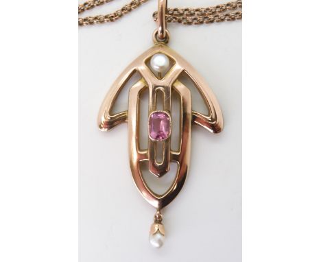 AN EDWARDIAN ROSE GOLD PENDANT set with pearl &amp; pink tourmaline, stamped indistinctly 9ct, with the makers mark H&amp;S p