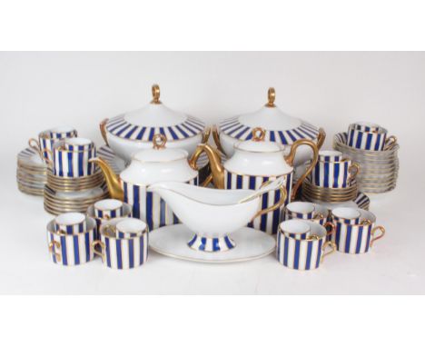 AN ITALIAN RICHARD GINORI PORCELAIN TEA, COFFEE AND DINNER SERVICE decorated in blue and gold bands on white in the 'Claudio 