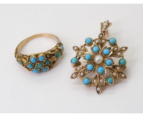 TWO VINTAGE TURQUOISE ITEMS a turquoise and pearl yellow metal pendant brooch, dimensions with bail, 3.5cm x 2.3cm, weight 4.
