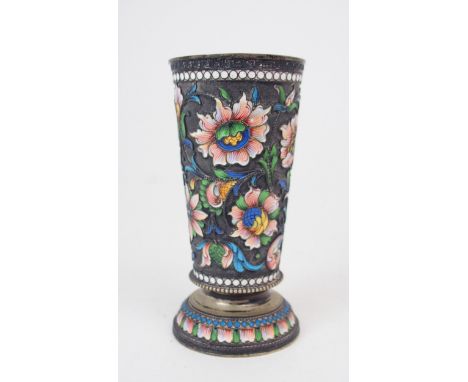 A RUSSIAN SILVER CLOISONNE ENAMEL BEAKER by Vasily Andreyev, Moscow, early 20th century, of slightly flaring cylindrical form