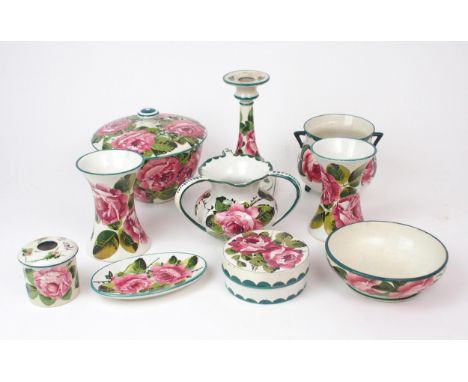 A COLLECTION OF WEMYSS CABBAGE ROSE PAINTED WARES including a lidded pot pourri bowl, 13cm high, an oval pin tray, a circular