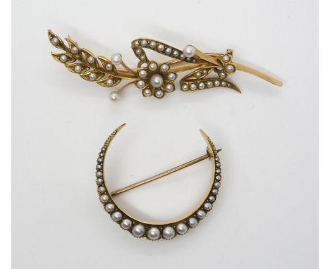 TWO VINTAGE PEARL BROOCHES to include a crescent moon brooch, stamped 15ct and set with split pearls largest in diameter appr