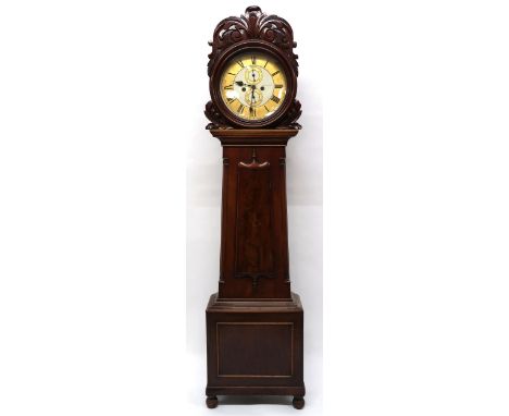 A 19TH CENTURY MAHOGANY CASED G. DOUGLAS, AIRDRIE & WISHAW DRUMHEAD CLOCK with white and gilt painted dial bearing Roman nume