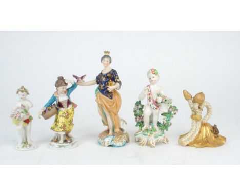 A DERBY FIGURE OF A WOMAN modelled wearing a crown, holding a golden jar in one hand and with a bird on the other, a dog stan