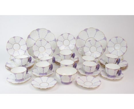 AN AYNSLEY VIOLET BUTTERFLY HANDLE PART TEASET pattern number B1233, comprising ten cups, twelve saucers and plates, sugar bo