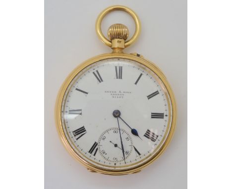 AN 18CT GOLD OPEN FACE POCKET WATCH The white enamel dial and mechanism are both signed Bryer &amp; Sons, 54 Barbican, London