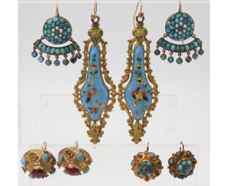 FOUR TURQUOISE COLOURED JEWELS a pair of yellow and white metal turquoise and split pearl earrings, length approx 3cm, weight