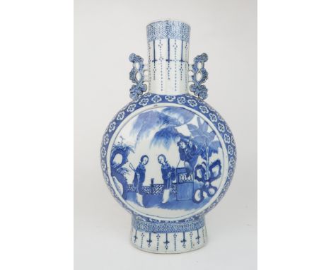 A CHINESE BLUE AND WHITE PILGRIM BOTTLE&nbsp; painted with panels of figures in gardens within a blossom ground band, pierced