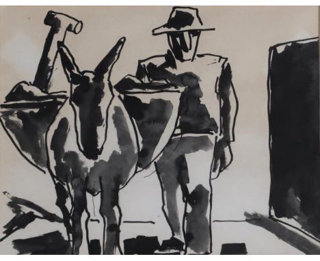 JOSEF HERMAN OBE RA (BRITISH 1911-2000) RURAL LABOURER WITH DONKEY Ink and wash, 19 x 24cm (7.5 x 9.5")&nbsp; With Compass Ga