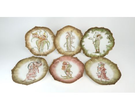 LIMOGES DESSERT PLATES each hand painted with a flower fairy, in the manner of Walter Crane, some initialled JH to reverse, 2