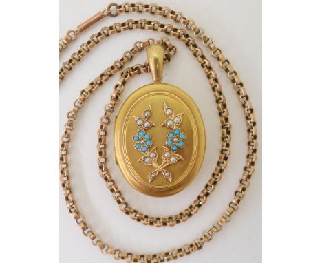 A FORGET-ME-NOT LOCKET the bright yellow metal locket is set with pearl and turquoise forget-me-not flowers, dimensions of th