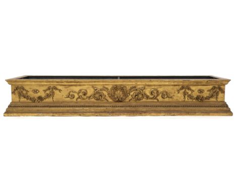 A LARGE 19TH CENTURY PINE GILT GESSO PLANT TROUGH&nbsp; with moulded cornice over central scrolled foliate flanked by floral 