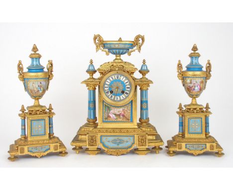 A SEVRES STYLE CLOCK GARNITURE the clock with turquoise porcelain dial and panels, one painted with a couple in an interior, 