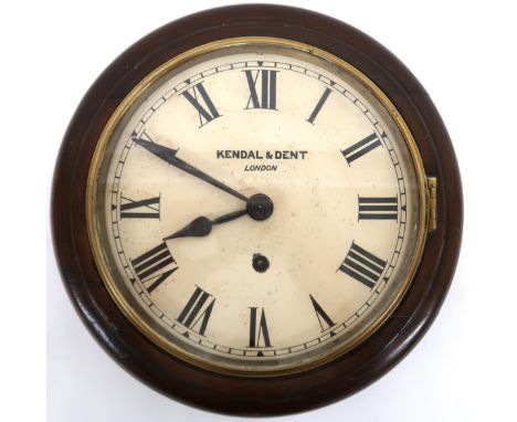 A LATE 19TH/EARLY-20TH CENTURY KENDAL &amp; DENT, LONDON MAHOGANY CASED WALL CLOCK&nbsp; with brass rimmed door over painted 