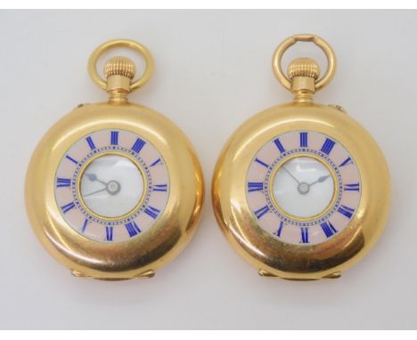 TWO SIMILAR 18K FOB WATCHES both with half hunter cases with pink opalescent enamel chapter rings with blue Roman numerals, b