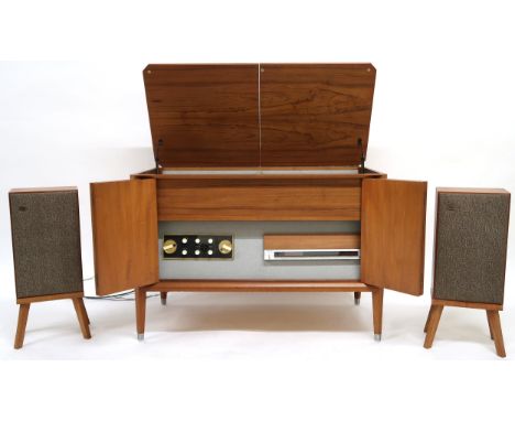 A 20TH CENTURY TEAK CASED RADIOGRAM  fitted with Thorens model TD 135 turntable, Technics Quartz synthesizer FM/AM stereo tun