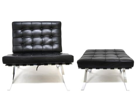 A 20TH CENTURY AFTER&nbsp;LUDWIG MIES VAN DER ROHE "BARCELONA" CHAIR AND STOOL both with black leather button back upholstere