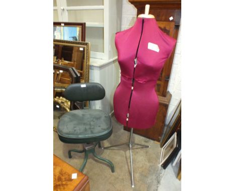 A Vintage Evertaut industrial swivel chair with padded back and seat on four shaped legs, and Debenham dressmaking mannequin,