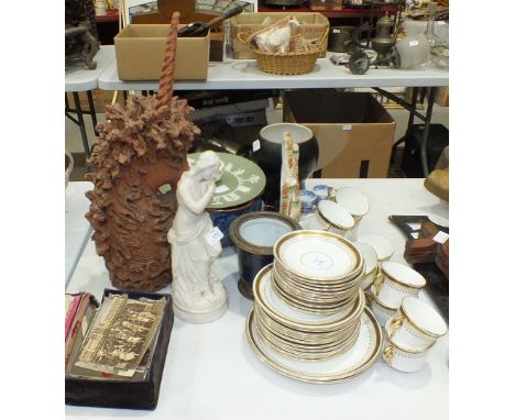 A parian ware figure, Peace, 31cm high, a gilt and white tea service, other ceramics and miscellanea.