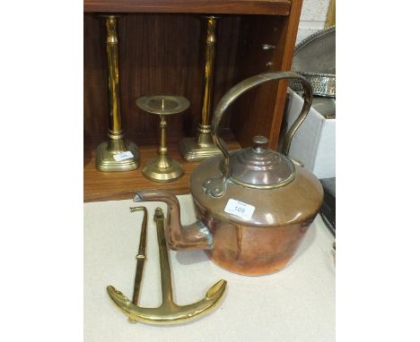 A pair of brass candlesticks, 30.5cm high, a copper kettle and coal helmet, a small wood framed harp with carrying handle, 83