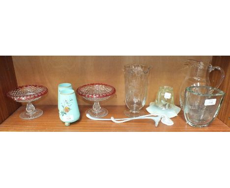 A Vaseline glass flower shape lamp shade, 15cm diameter,11cm high, a pair of late Victorian turquoise glass vases with orange