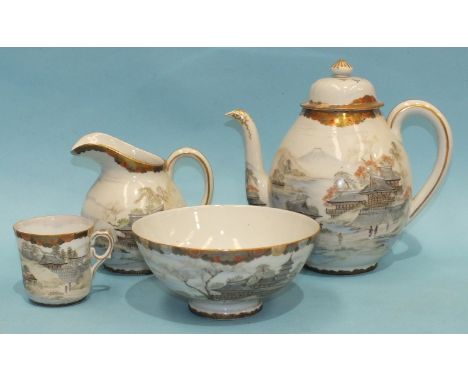 Thirty-four pieces of a Japanese Satsuma export tea service, including two large plates, eleven small plates, ten saucers, ei