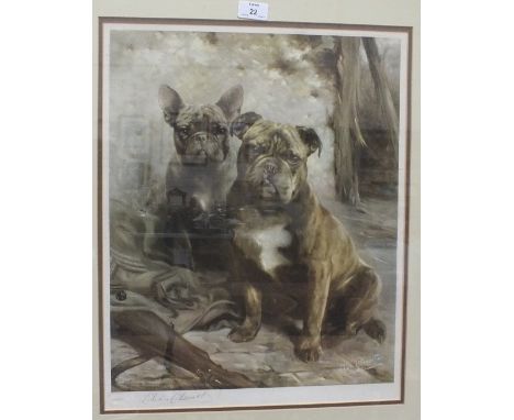 After Lilian Cheviot, "Study of Two Bulldogs with Military Uniform and Rifle in Foreground", framed coloured print, Fine Art 