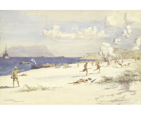 Norman Wilkinson (British, 1878-1971)Troops landing on 'C' beach, Suvla Bay, 7th August 1915 signed, inscribed and dated 'Nor