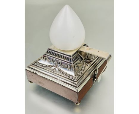 A Edwardian London silver mounted mahogany battery powered patented chamber lamp with tulip opaque glass shade and silver han