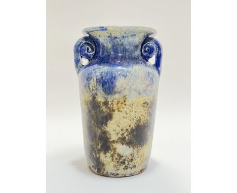 A jun glazed twin-handled art pottery vase with flared mouth (h- 20cm, w- 13cm)