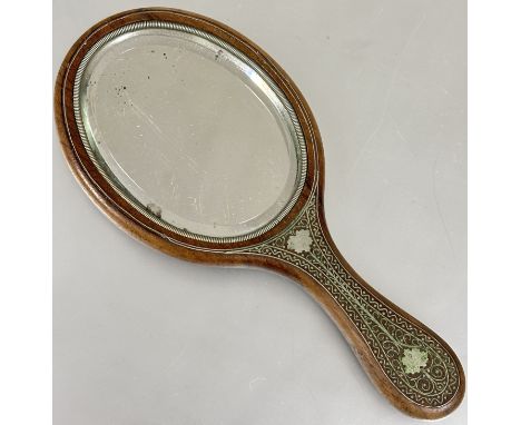 A late 19thc Indian Kashmir rosewood brass inlaid back and front panel oval hand mirror with beveled glass plate L x 22cm W x