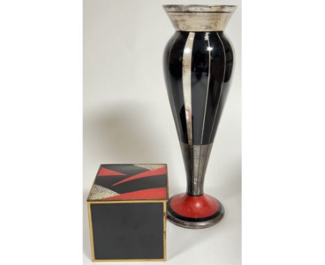 An Art Deco glass vase of tapered form decorated with black/silvered design (h- 27.5cm), together with a similarly decorated 