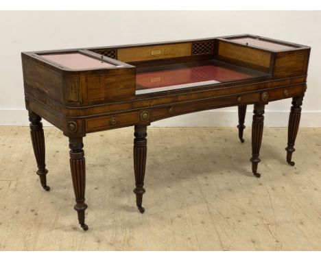 A William IV mahogany square piano, converted to a desk / dressing table, the back with fretwork panels above a dropped centr