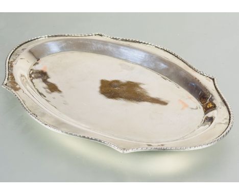 A early 1900's continental 900 standard white metal dressing table scalloped oval dish with laurel leaf border with initials 