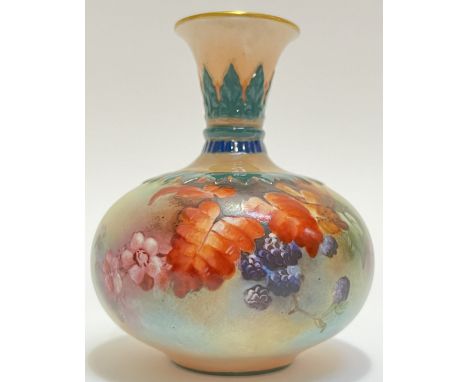 An Edwardian (1908) Royal Worcester bud vase with design of fruits and flora (marked verso, no chips or cracks, h- 9.5cm, w- 