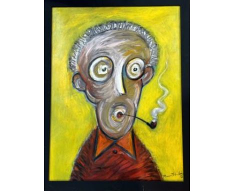Pham Trinh (Vietnamese 1970-) , An abstract impression of a man smoking a pipe on a yellow background, oil on canvas, signed 