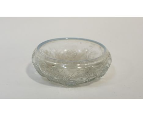 A Jobling Art Deco oblique fircone/pinecone decorated glass bowl with blue rim. (w-16cm h-7cm)  