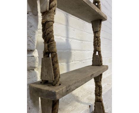 A vintage 16 teak rung and rope ladder. L480cm W50cm.&nbsp;