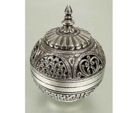 A eastern 925 stamped globe style incense burner with finial to top and arcaded arched alternation plain and pierced scrollin