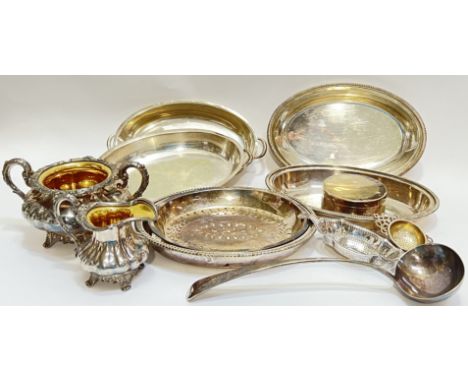 A group of silver plated items including six oval dishes (one for straining, largest w- 30cm), s tea strainer, a small perfor
