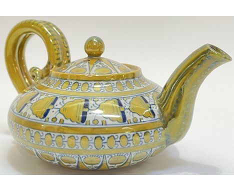 An Italian Cantagalli lustre glazed earthenware majolica teapot with medieval style motifs and handle modelled as serpents (m