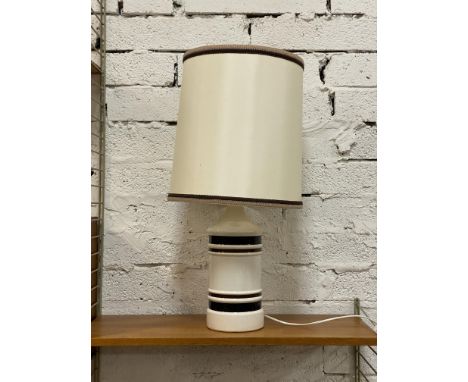 A 1970's cream and brown banded ceramic lamp and shade&nbsp;
