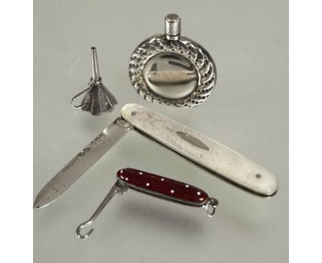 A modern London silver miniature perfume flask with screw stopper complete with funnel H x 4.5cm D x3.5cm, an Edwardian Birmi