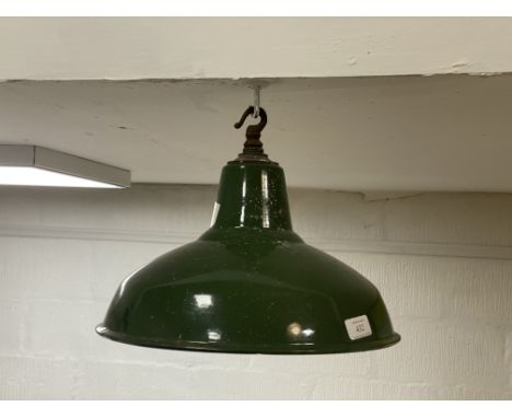 An vintage industrial green and white enamel pendent light fitting, D36cm.&nbsp;
