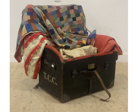 A Victorian leather bound dome stop steamer trunk with carry handle to each end (W80cm) together with a quantity of vintage t