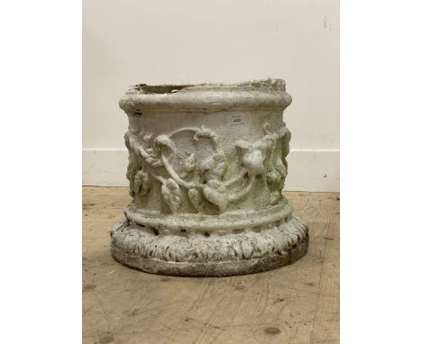 A Terracotta garden planter of cylindrical outline, first half of the 19th century, decorated with trailing foliate. H35cm (l