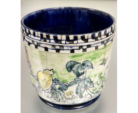 A Scottish pottery jardiniere by M.R. Steel of tapered form with moulded band checker board top decorated in polychrome ename