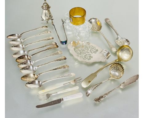 A large collection of Epns to include a set of six tea spoons and tongs, pair of crystal napkin rings and horn napkin ring, p