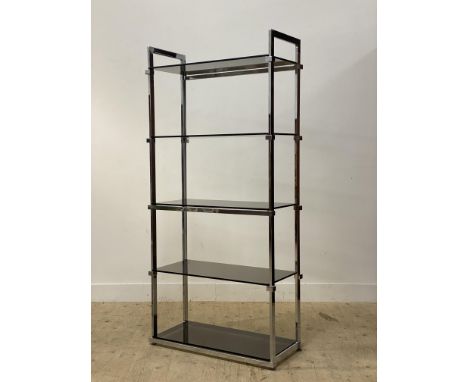 Pieff, a mid century chrome and smoked glass five tier open shelf, circa 1970's H180cm, W86cm, D38cm.&nbsp;